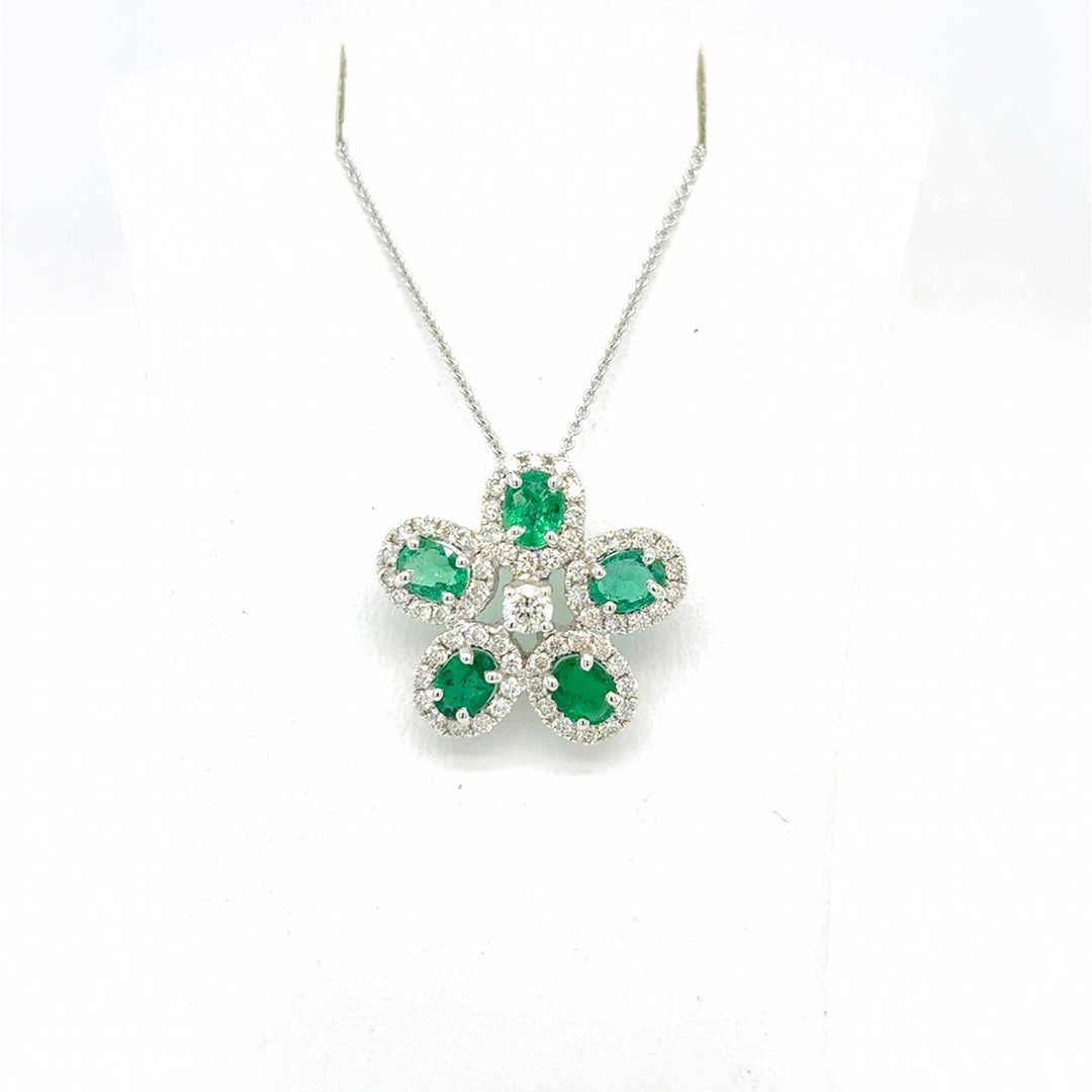 Kette mit Blumen-Anhänger, 750 Weißgold, Smaragde und Brillanten