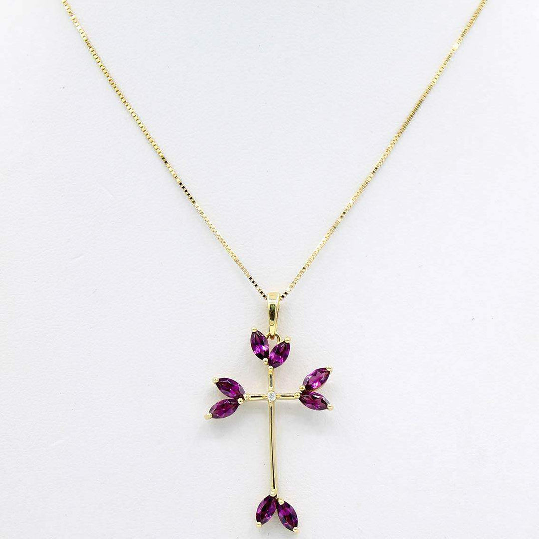 Kreuzanhänger Gelbgold, Venezianerkette, Rhodolith - My Fine Jewellery