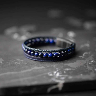 Dreifach-Armband 6 mm, Nappaleder dunkelblau, Tigerauge blau