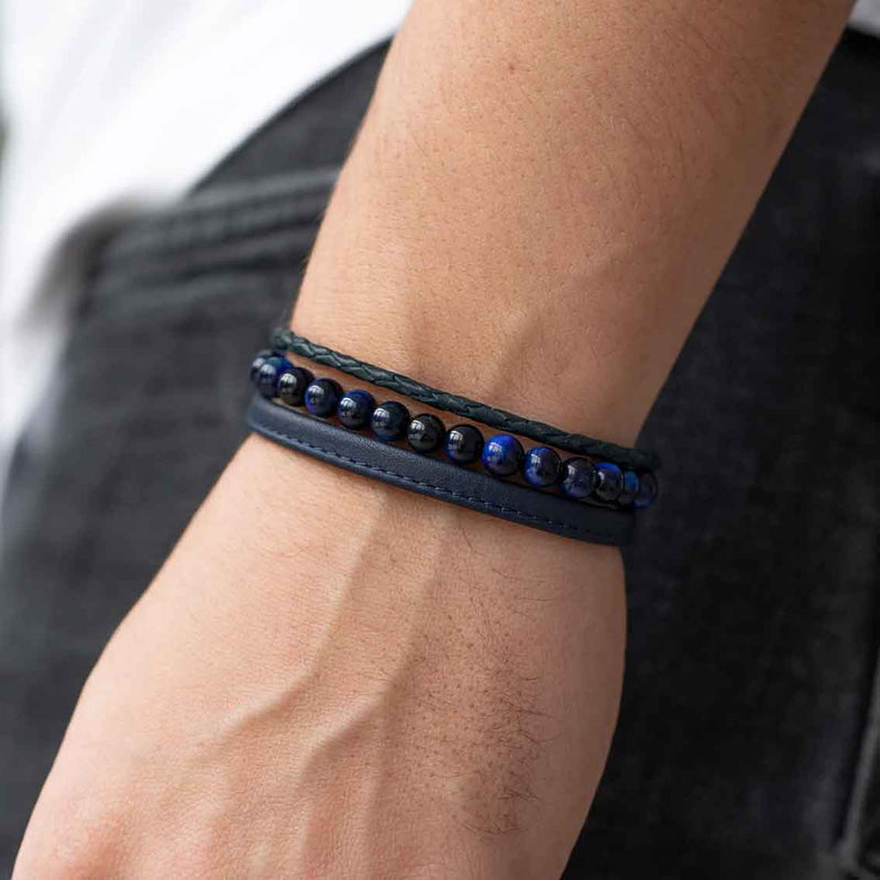 Dreifach-Armband 6 mm, Nappaleder dunkelblau, Tigerauge blau